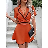 Women's Dress Dresses for Women Contrast Binding Lapel Neck -line Dress Dresses (Color : Orange, Size : Medium)