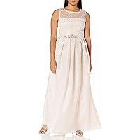 Jessica Howard Women's Sleeveless Illusion Neck Gown with Pleated Skirt and Sash