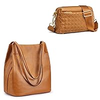 Kattee Soft Genuine Leather Shoulder Totes Bundle with Women Small Woven Crossbody Bags