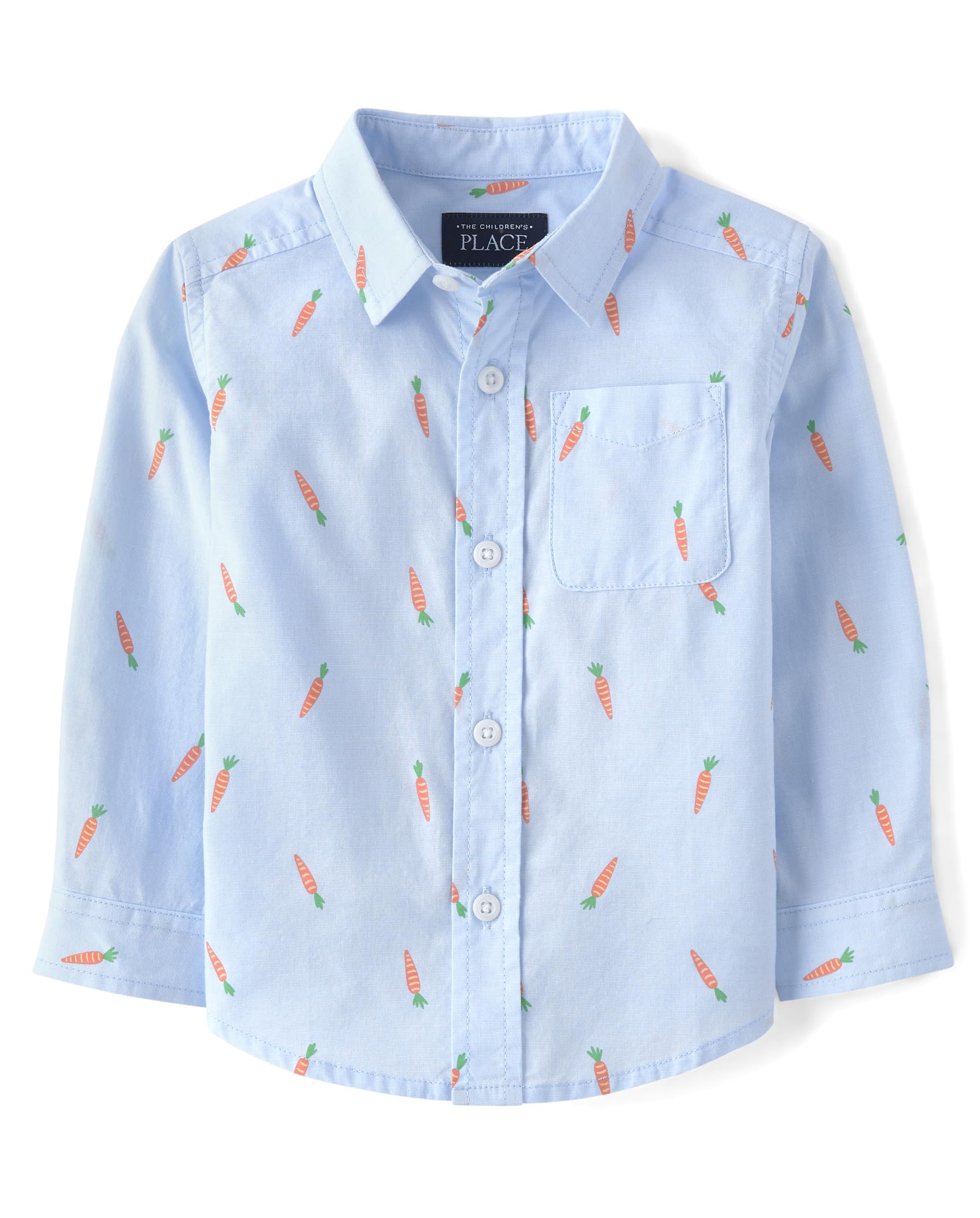 The Children's Place Baby Boy's and Toddler Poplin Long Sleeve Button Down Shirt, Blue Carrot Print, 9-12 Months
