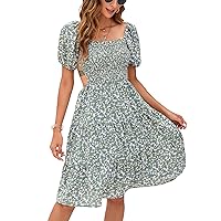KOJOOIN Women's Smocked Backless Mini Dress Summer Square Neck Short Puff Sleeve Cut Out Babydoll Sundress