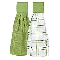 Premium 100% Cotton Solid and Multi Check Kitchen Tie Towel, Absorbent, Super Soft, and Fast Drying Hang Towel, Set of Two, Cactus Green