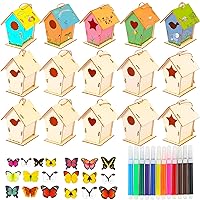 Wooden DIY Craft Doodle Small Bird House Set Include Unfinished Wood Mini Bird House to Paint and Watercolor Paint Pen and 3D Butterfly Wall Sticker Decals for Kids Adults (140)