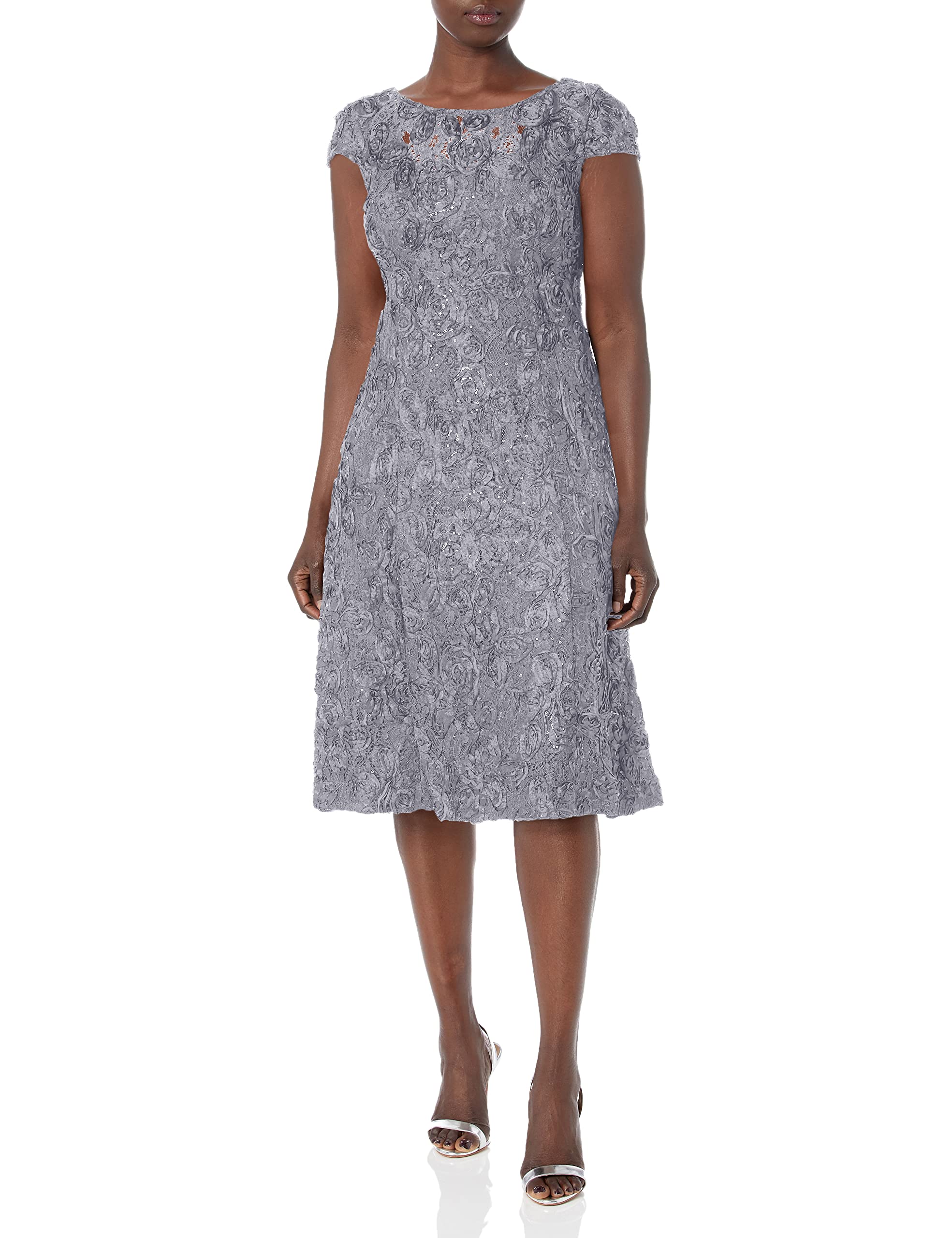 Alex Evenings Women's Tea Length Cap Sleeve Rosette Dress (Petite and Regular)