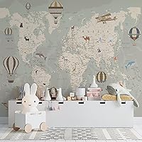 Kids Room Wallpaper – World Map Wallpaper with Animals - Nursery Wallpaper Peel and Stick – Kids Wall Murals Removable for Girls Boys Baby – Wall Decal Stickers Waterproof Self Adhesive (111W x 100H)
