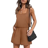 XIEERDUO Waffle Knit 2 Piece Outfits for Women Summer Short Set with Pocket Travel Outfits Lounge Outfit for Women
