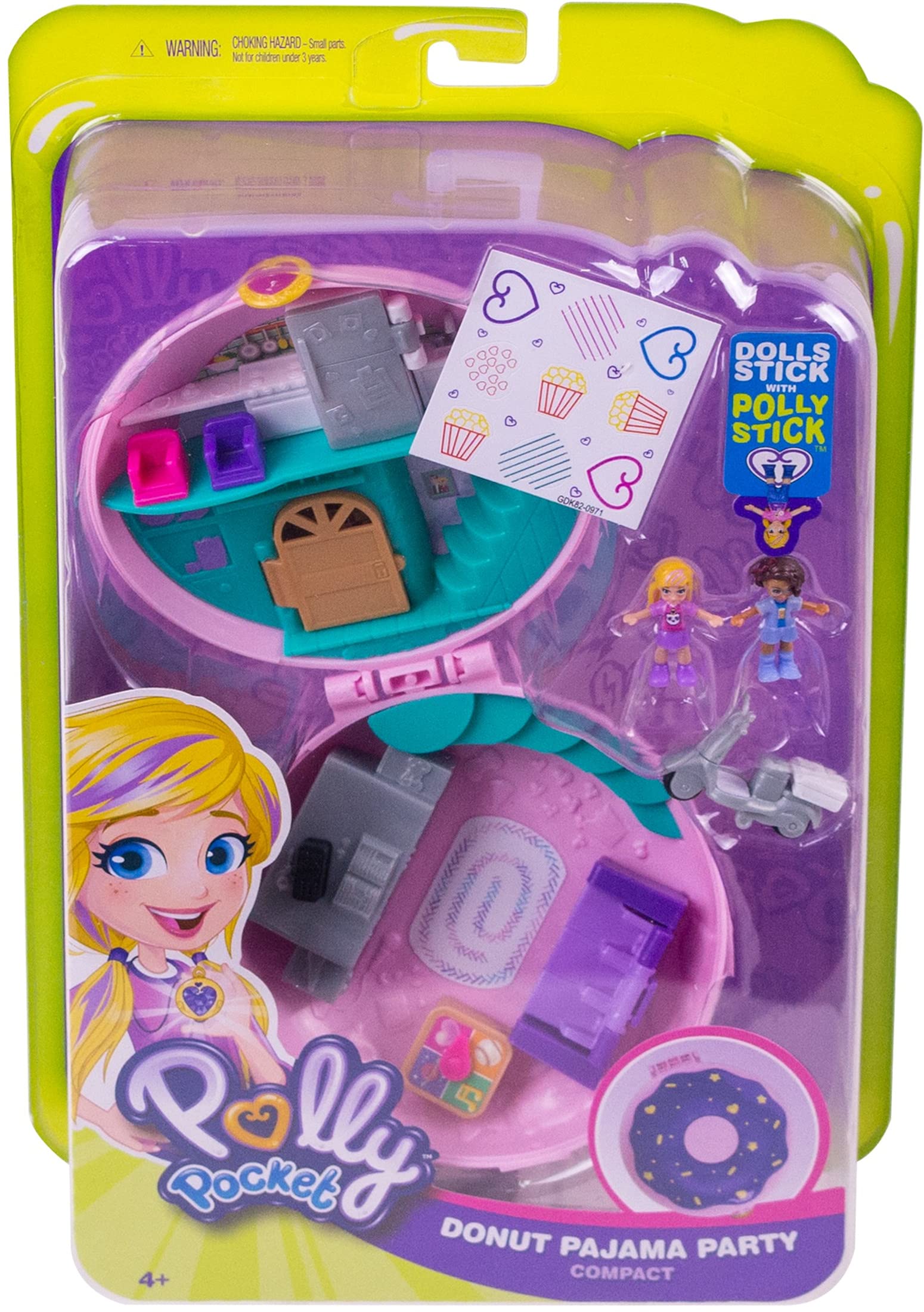 Polly Pocket Playset, Travel Toy with 2 Micro Dolls & Surprise Accessories, Pocket World Donut Pajama Party Compact, Food Toy