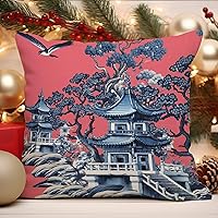 Pink Blue Chinoiserie Pagoda Decorative Throw Pillow Covers - Gorgeous Cushion Covers - Chinese Style Pillow Covers Standard Size for Patio Home Car 16x16 Inch