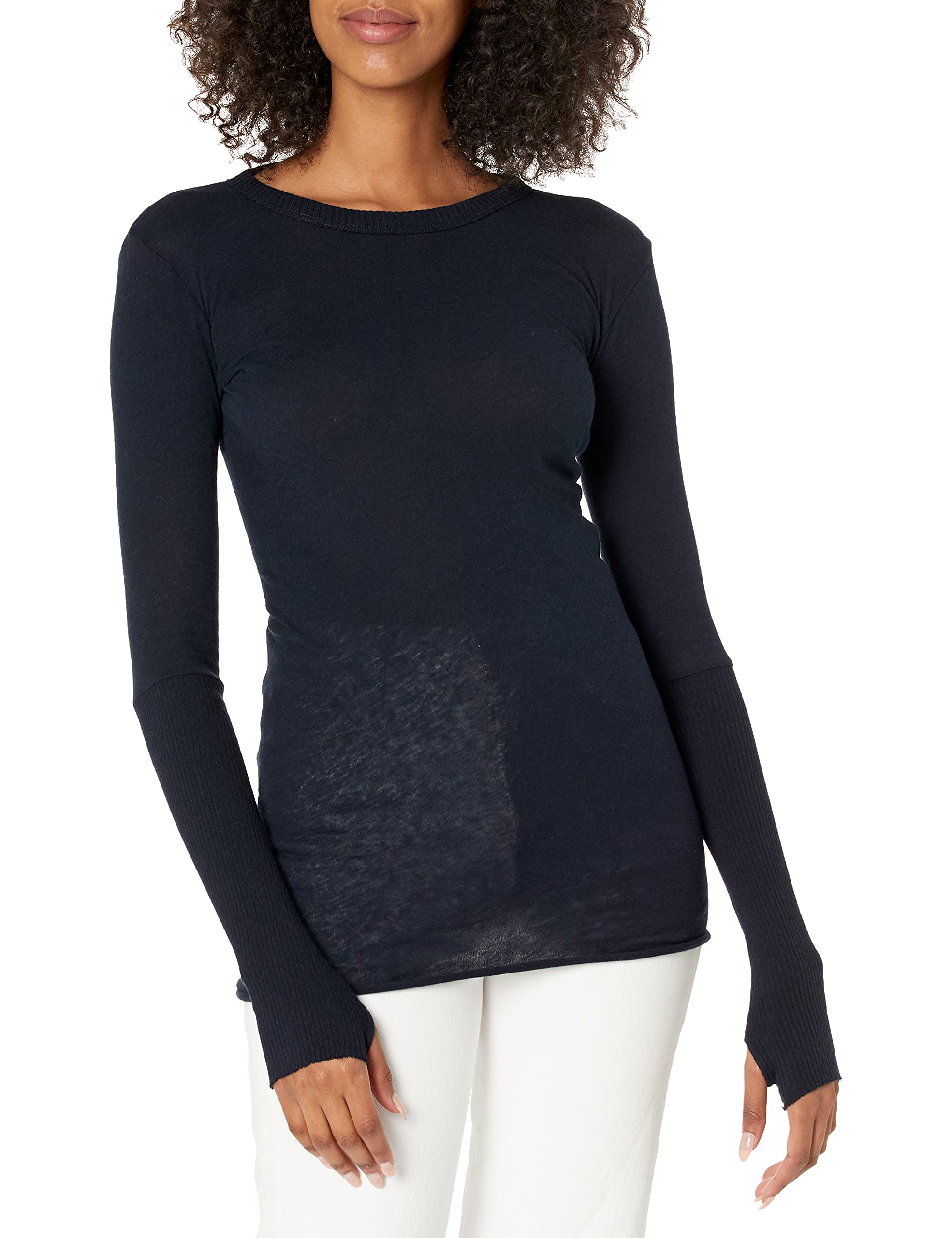 Enza Costa Women’s Cashmere Blend Cuffed Crew Top with Thumbholes