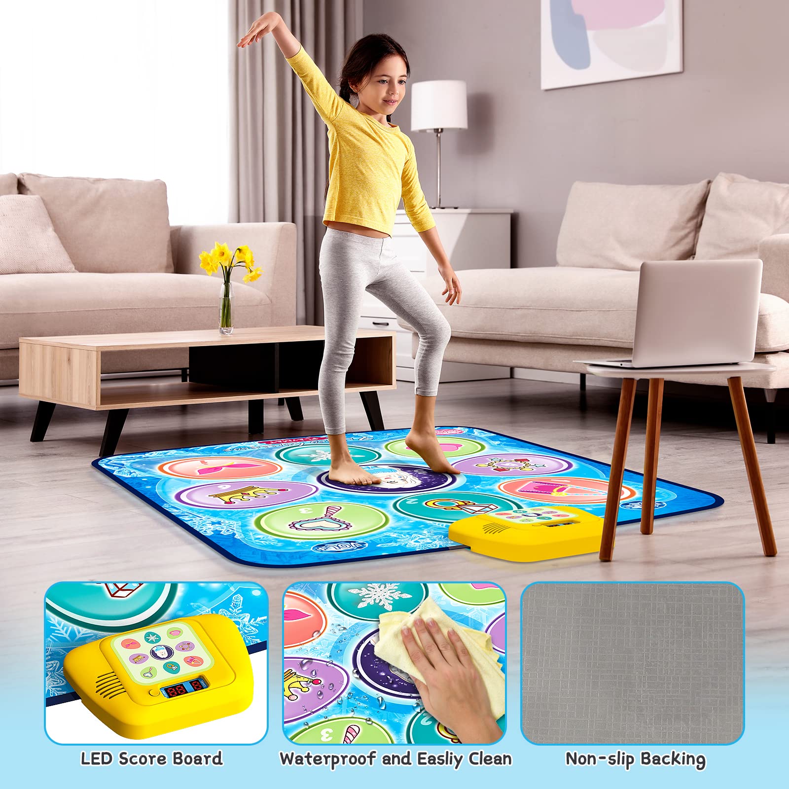 beefunni Dance Mat for Kids - Blue Frozen Themed Musical Dance Pad, Dance Game Toys with LED Lights, Including 5 Modes and 3 Challenge Levels, Birthday Gifts for Girls Boys Age 3 4 5 6 7 8-12