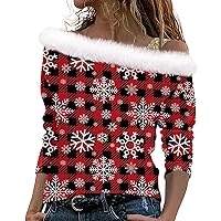 Fall Ugly Christmas Sweaters for Women Sexy off Shoulder Christmas Print Fluffy Plush Collar Long Sleeve Sweatshirt