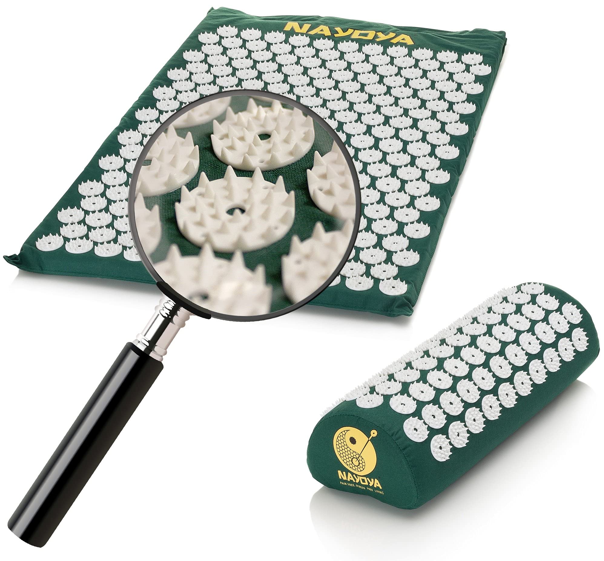 NAYOYA Neck and Back Pain Relief - Acupressure Mat and Neck Pillow Set - Relieves Stress and Sciatic Pain for Optimal Health and Wellness - Comes in a Carry Box with Handle for Storage and Travel