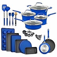 Cookware Set – 23 Piece –Blue Multi-Sized Cooking Pots with Lids, Skillet Fry Pans and Bakeware – Reinforced Pressed Aluminum Metal - Suitable for Gas, Electric, Ceramic and Induction by BAKKEN Swiss