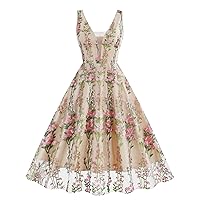 Wellwits Women's Plunge V Neck Floral Embroidery Mesh Cocktail Formal Evening Vintage Dress