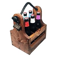Wooden Bottle Caddy - Handcrafted solid wood 6 pack beer carrier with rustic cast iron bottle opener and magnetic cap catch. Personalized Gift perfect for Christmas, Birthdays New Years and more