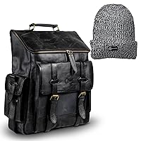 Charcoal Leather Backpack & Cozy Chunky Knit Beanie Set - Stylish Vintage Fashionable Laptop Bag 14.5