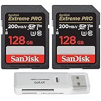 SanDisk 128GB Extreme Pro SDXC UHS-I Class 10 Memory Card C10, U3, 4k UHD, V30 SD Camera Card SDSDXXD-128G-GN4IN (2 Pack) Bundle with (1) GoRAM Card Reader