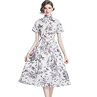 LAI MENG FIVE CATS Women's Floral Print Button up Midi Dress Casual A-line Shirt Dress