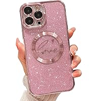 MGQILING Compatible with iPhone 13 Pro Max Magnetic Glitter Case-6.7 Inch, Luxury Love Heart Pattern Plating Clear Case, Compatible with MagSafe for Women Girls Shockproof Back Cover-Pink