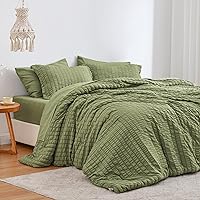 Love's cabin Seersucker Sage Green 7 Pieces Comforter Set Full, All Season Bedding Set, Full Bed in a Bag Comforter Set with Comforter, Flat Sheet, Fitted Sheet, Pillowcase and Pillow Sham