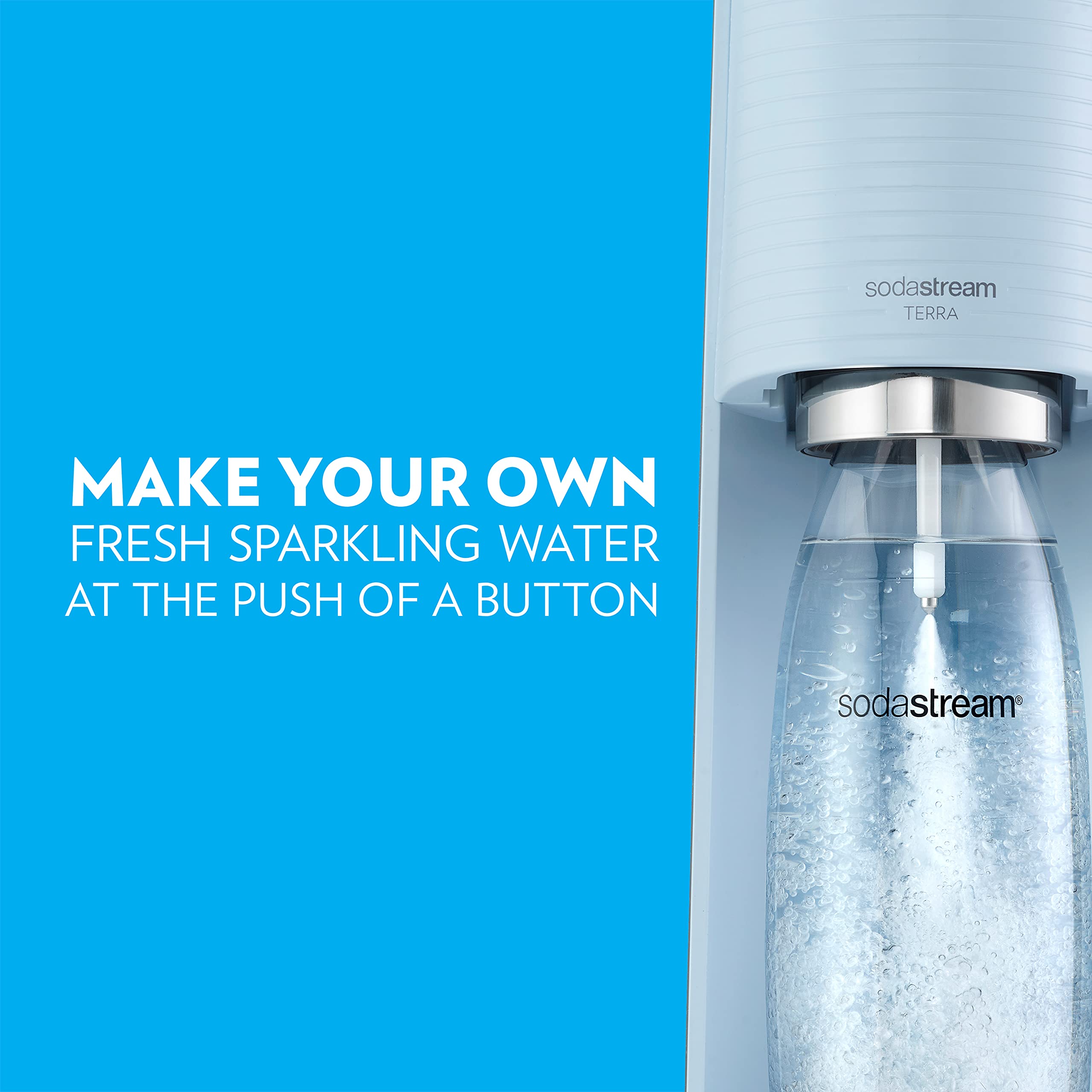 SodaStream Terra Sparkling Water Maker Bundle (Misty Blue), with CO2, DWS Bottles, and Bubly Drops Flavors