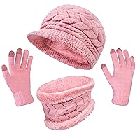 3-Pieces Winter Hat Gloves Scarf Set, Knit Warm Beanie Hat Neck Warmer Touch Screen Mittens for Women