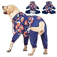 LovinPet Big Dogs Breeds Jammies, Wound Care/Post Surgery Clothes, Pet Anxiety Onesies for Dogs, Lightweight Stretchy,Large Breed Dog Pajamas,Reflective Stripe,Floral Navy & Red Print,Pet PJ's/Medium