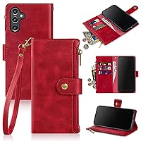 Antsturdy Samsung Galaxy A14 5G Wallet case with Card Holder for Women Men,Galaxy A14 5G Phone case RFID Blocking PU Leather Flip Shockproof Cover with Strap Zipper Credit Card Slots,Red
