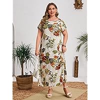 Plus Women's Dress Plus Tropical Print Batwing Sleeve Tunic Dress (Color : Multicolor, Size : 3X-Large)
