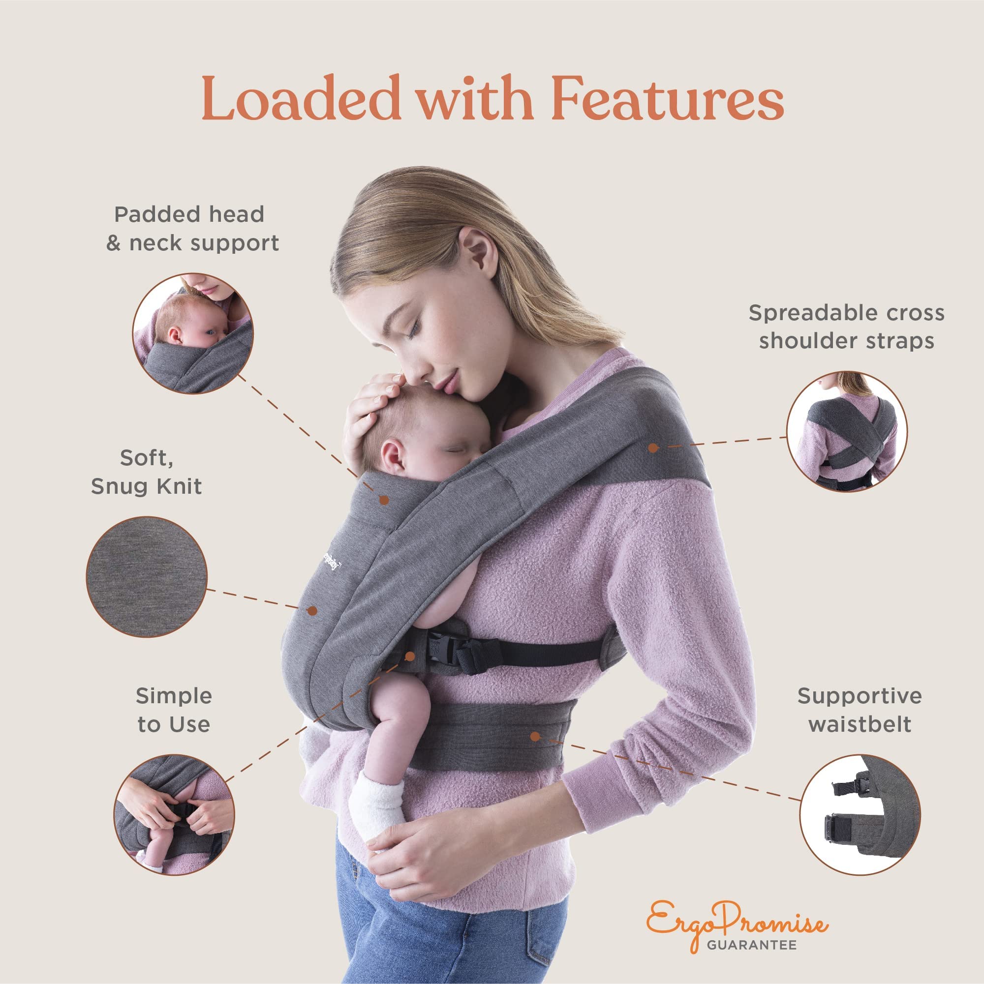 Ergobaby Embrace Cozy Newborn Essentials Baby Carrier Wrap (7-25 Pounds), Ponte Knit, Cream