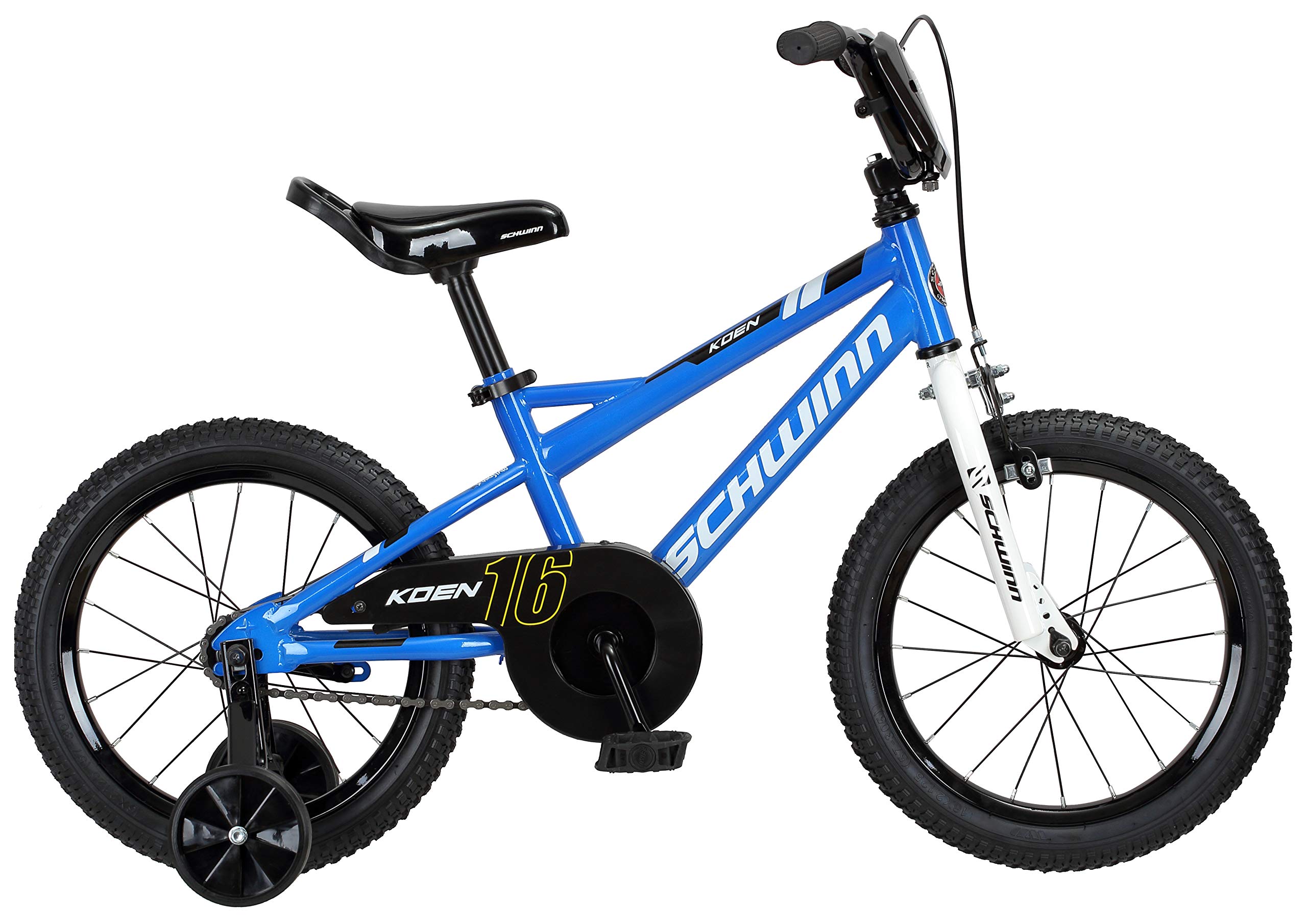 Schwinn Koen & Elm Toddler and Kids Bike, For Girls and Boys, 16-Inch Wheels, BMX Style, With Saddle Handle, Training Wheels Included, Chain Guard, and Number Plate, Blue
