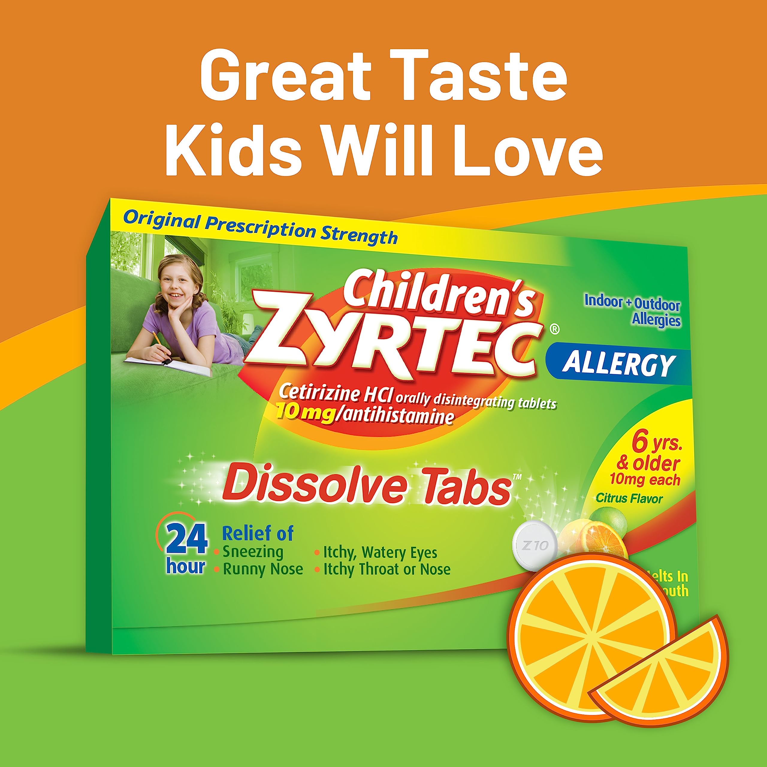 Zyrtec Children's 24 HR Dissolving Allergy Relief Tablets with Cetirizine, Citrus Flavored, 12 ct (Pack of 2)