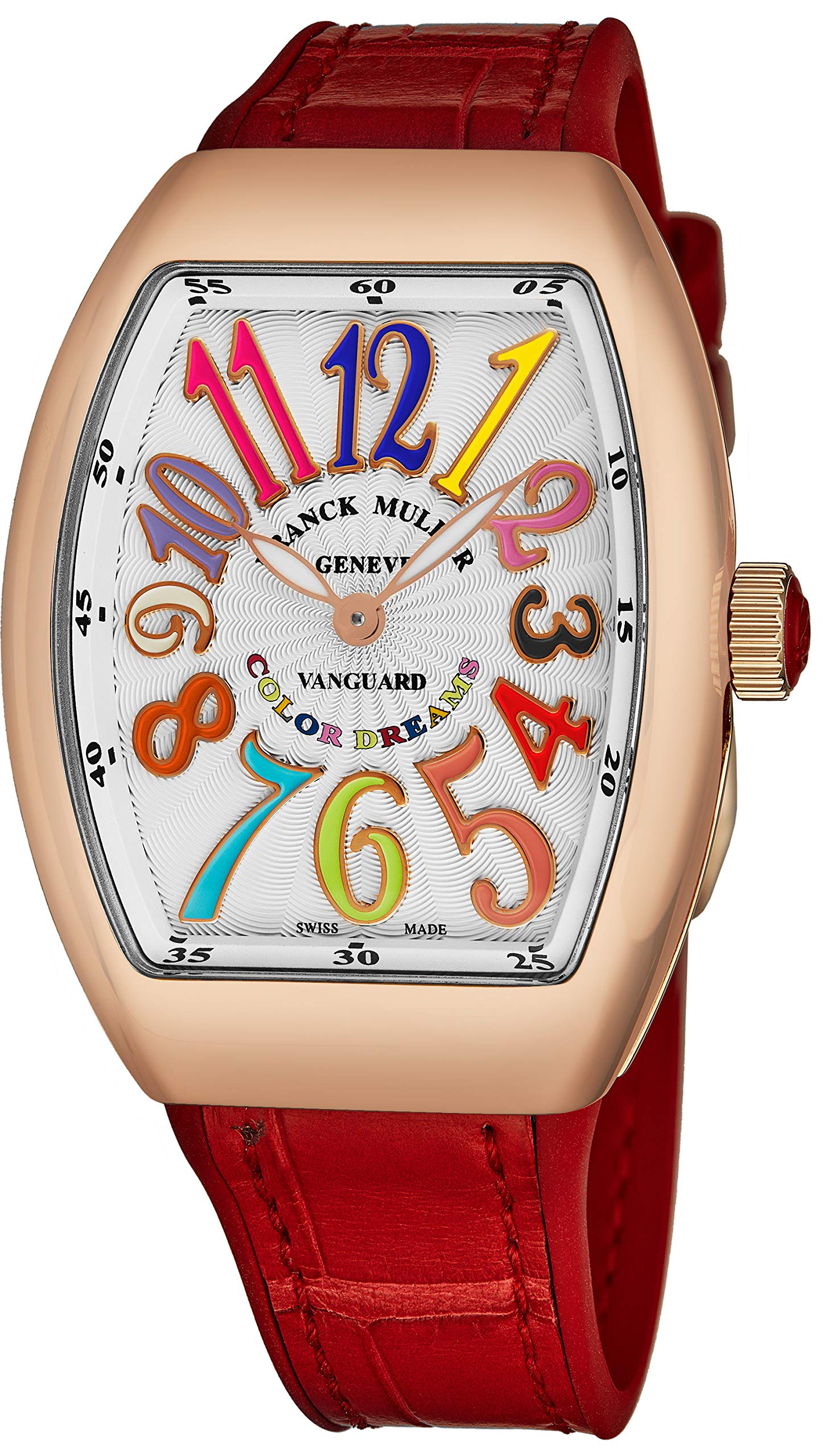 Franck Muller Vanguard Color Dreams Womens 18K Rose Gold Swiss Quartz Watch Tonneau Silver Face with Luminous Hands and Sapphire Crystal - Red Leather/Rubber Strap Ladies Watch V 32 SC at FO COL DRM