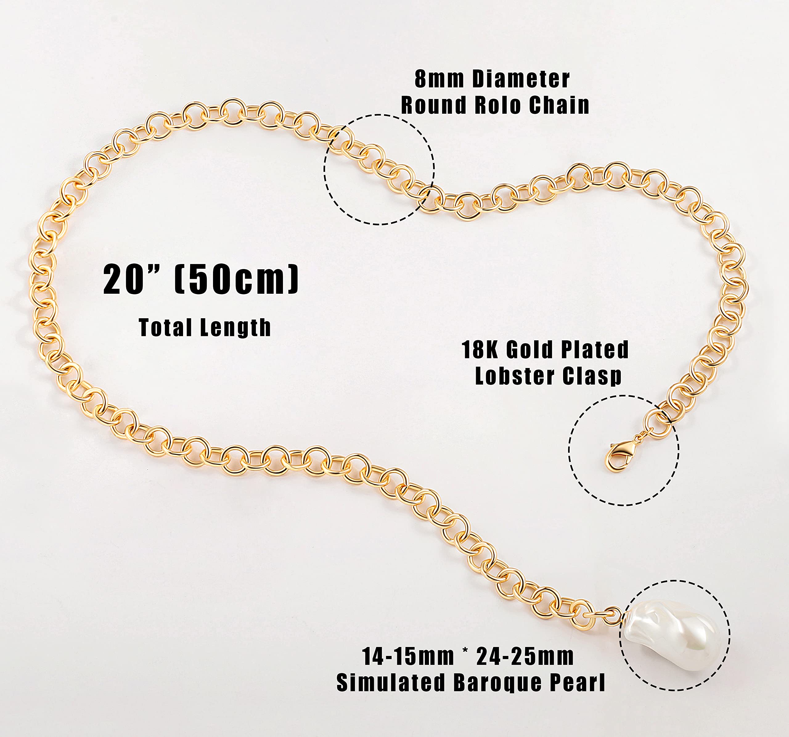 Chunky 18K Gold Round Rolo Link Chain Lariat Y Necklace Big Simulated Baroque Pearl Pendant Necklace for Women Adjustable Simulated Turquoise Choker Jewelry