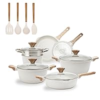 Country Kitchen Nonstick Induction Cookware Sets with Utensils - 15 Piece Cast Aluminum Pots and Pans with BAKELITE Handles, Silicone Utensils and Glass Lids -Cream