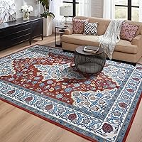 Vintage Area Rug 5x7 Washable Living Room Rug, Floral Print Rugs for Bedroom Dining Room Entryway Accent Rug, Soft Distressed Non Slip Low-Pile Indoor Floor Carpet, Brick/Blue
