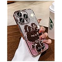 Spevert for iPhone 15 Pro Max Case Luxury Glitter Case with Cute Rabbit Stand,Glitter Diamond Bling Case with Mirror Full Camera Lens Protection for Women Men Girls Anti-Scratch 6.7'' (Rose Gold)