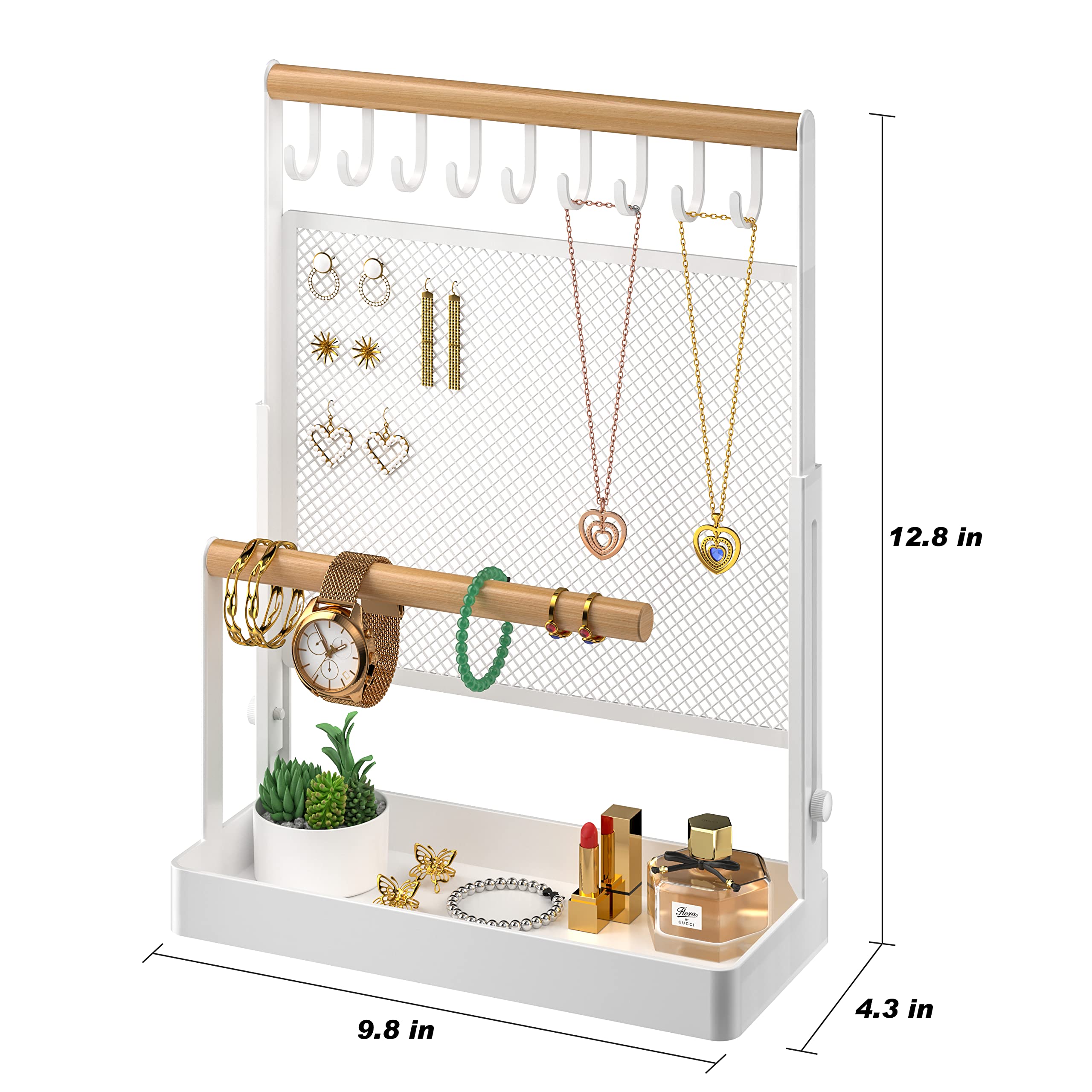 IOAIANIA Jewelry Organizer Stand, Liftable Necklace Holder with Earring Organizer Net, 9 Hooks Necklaces Storage Wooden Handing Bar for Bracelets Watches Rings (White)