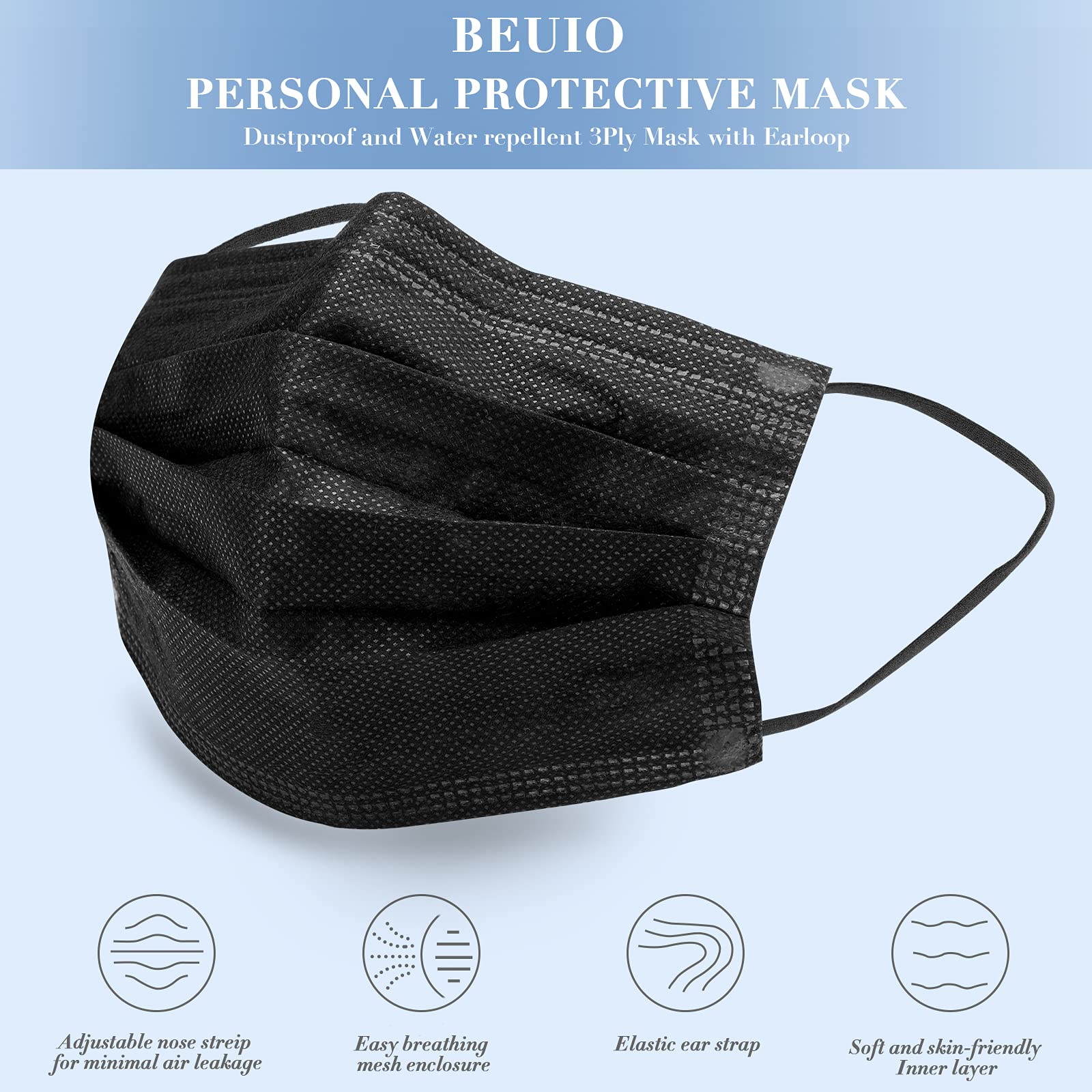 BEUIO 100PCS Black Disposable Face Masks 3 Ply Protection Safety Mask Cover for Adult Women and Men