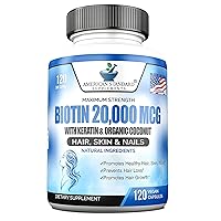 Biotin 20,000mcg with Keratin, Organic Coconut and Zinc, Hair Growth Supplements, Biotin Supplements, Healthy Hair Skin & Nails for Adults, No Filler, No Stearate, 120 Vegan Capsules, 120 Day Supply