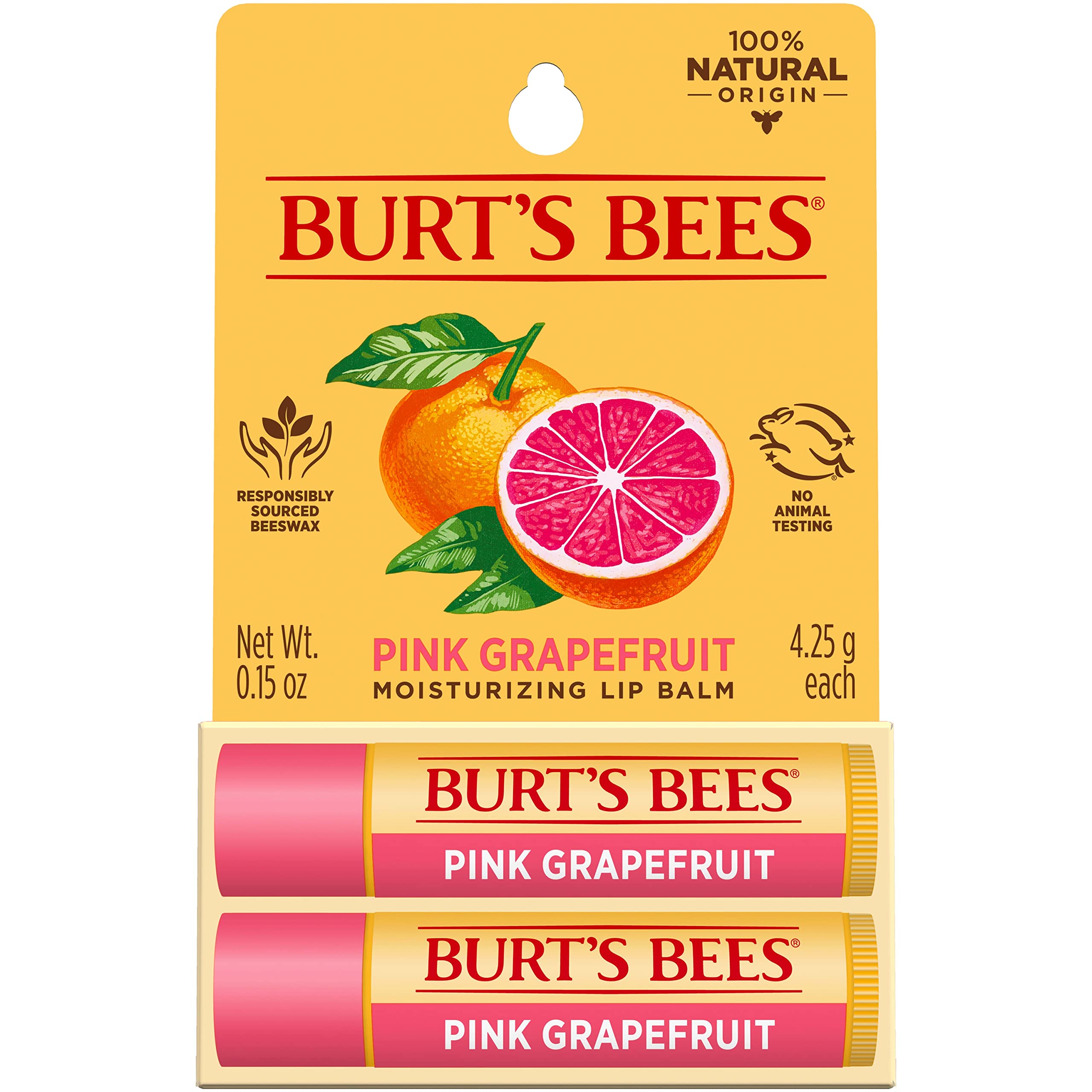 Burt's Bees Lip Balm, Moisturizing Lip Care, for All Day Hydration, 100% Natural, Pink Grapefruit with Beeswax & Fruit Extracts (2 Pack)