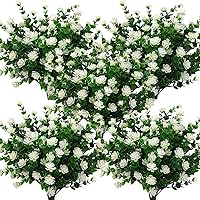 Grunyia 10 Bundles Artificial Fake Flowers, Faux Outdoor Plastic Plants UV Resistant Shrubs Outside Indoor Decorations (White-Eucalyptus)