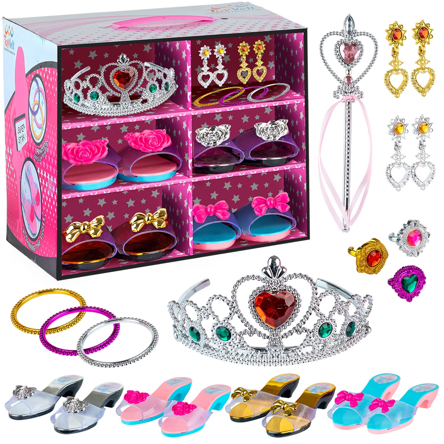ToyVelt Princess Dresses for Girls, Princess Dress Up Includes 4 Pairs Princess Shoes, 3 Bangles, 3 Rings, 2 Pairs of Earrings, 1 Crown, 1 Princess Wand, Ideal Princess Dress Up shoes for girls 4-6