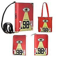 1984 Large Book Themed Handbag and Tote Bag and Zip Around Wallet Purse and Clutch Purse Bundle