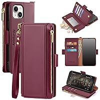 Antsturdy Compatible with iPhone 15 Plus Wallet Case,【RFID Blocking】 PU Leather Phone Case Women Men with Card Holder Flip Cover Wrist Strap Zipper Credit Card Slots for Apple 15 Plus,Wine Red