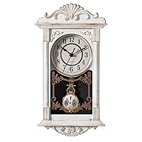 Vintage Grandfather Wood-Looking Plastic Pendulum Decorative Battery-Operated Wall Clock Brown, for Office, Home Decor, Living Room, Kitchen, or Dining Room, White