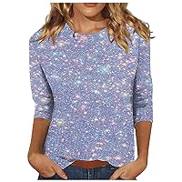 Women's 3/4 Sleeves T-Shirts Trendy Glitter Graphic Tees Shirts Dressy Casual Blouse Tops Tunic Top T-Shirts Pullovers