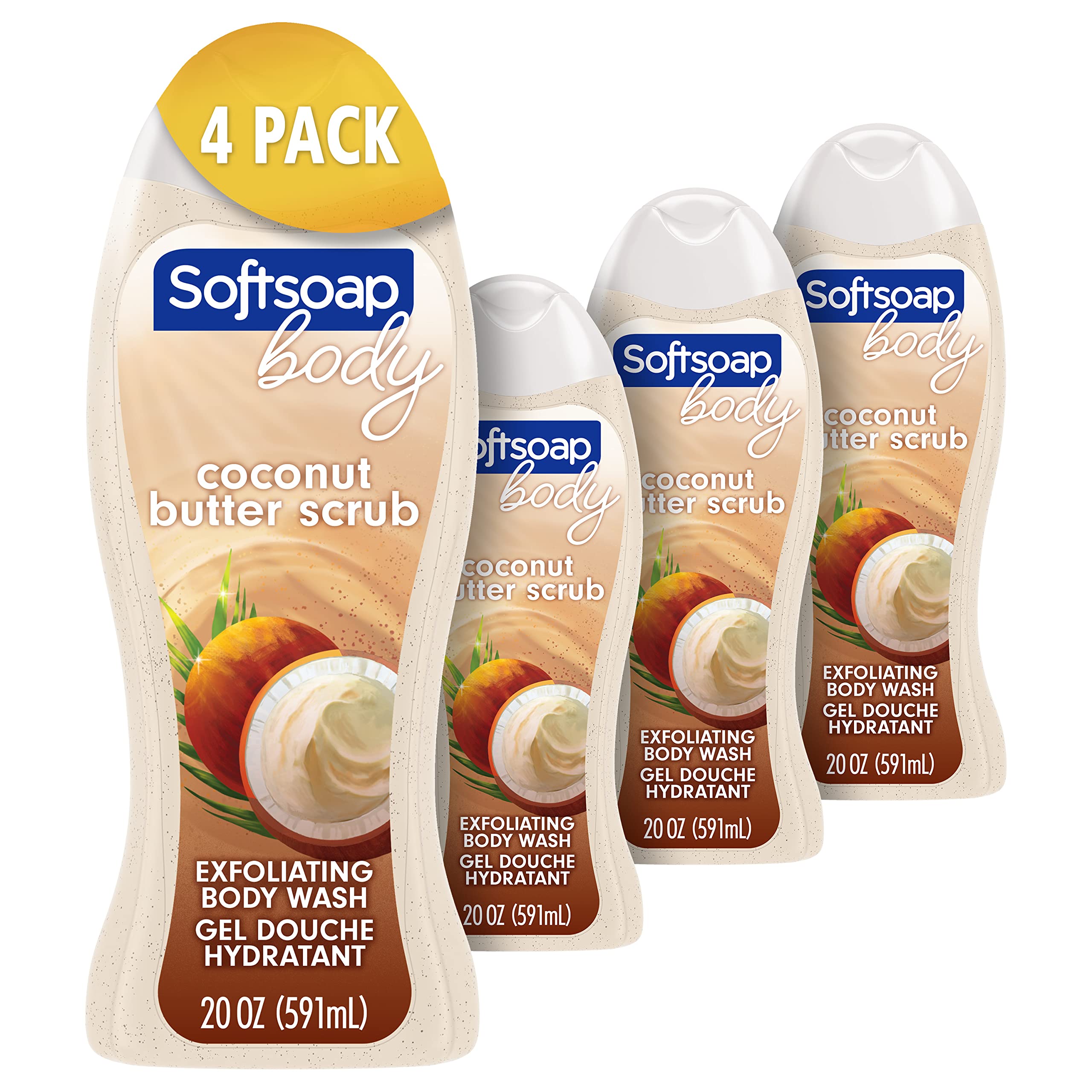 Softsoap Body Wash, Coconut Butter Scrub , Exfoliating Body Wash, 20 Ounce, 4 Pack