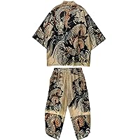 DOSLAVIDA Men's Kimono Cargigan Suits Lightweight 2 Piece Beach Outfits Japanese Open Front 3/4 Sleeve Shirt & Shorts