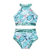 Girls Palm Leaves Print Tankini Kids 2 Pieces Swimsuits Beach Swimming Bikini Swimwear